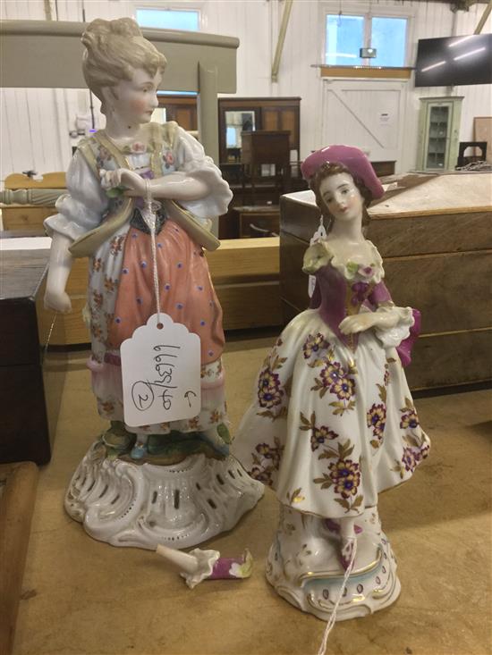 19C Cont porcelain figure of a young lady & another smaller costume figure (a.f)